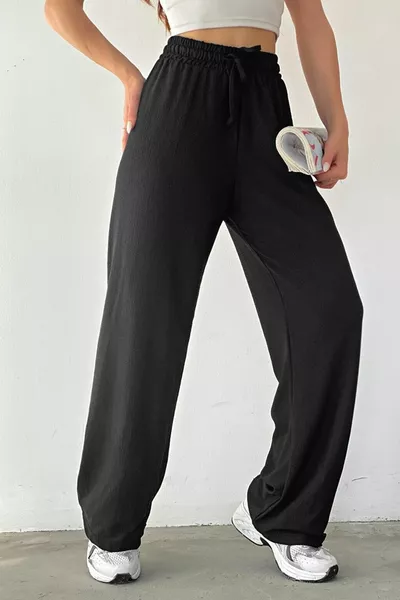 بنطلون نسائي موسمي واسع الساقين مع جيوب وخصر مطاطي أسود