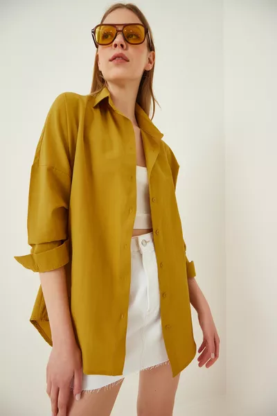 قميص نسائي أصفر خردلي واسع وطويل أساسي 