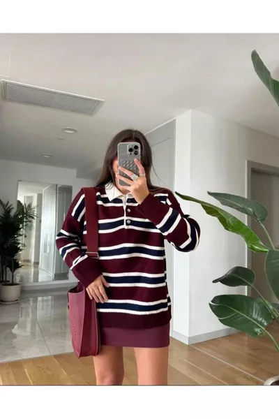 كنزة نسائية بزرار، ياقة بولو، مخطط، واسعة الحجم، كنزة صوفية