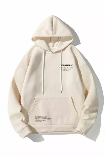 سويت شيرت بقبعة كبير الحجم بطبعة Happiest باللون البيج للجنسين