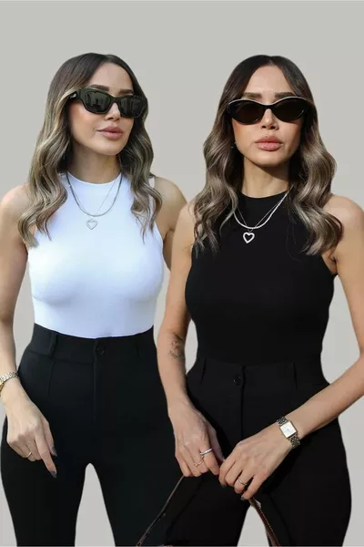 تيشيرت رياضي مضلع برقبتين، أسود وأبيض، طقم من قطعتين