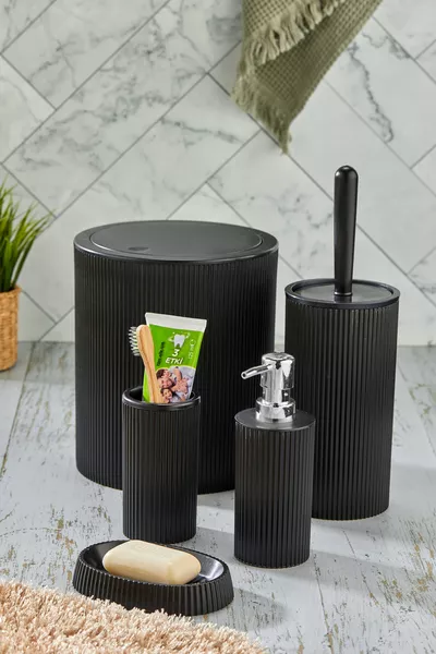 Line 5 Round Bathroom Set - Trash Can, Toilet Brush, Liquid-Solid Soap Dispenser, Toothbrush Holder