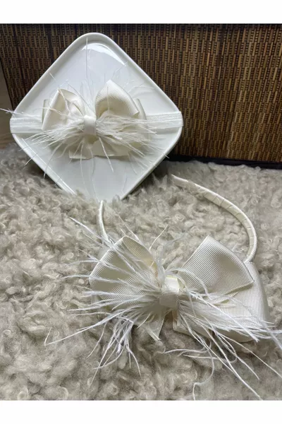 Ecru Furry Bow Mother and Baby Maternity Crown Set (PREGNANCY CROWN) – Crown – Crown