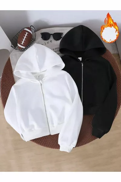 سترة نسائية بغطاء للرأس بسحاب، قطعتان، باللونين الأسود والأبيض، قصيرة، منسوجة بخيط مزدوج