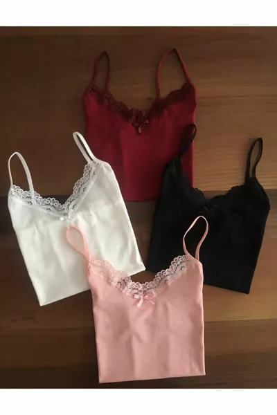 حزمة مكونة من 4 قمصان نسائية بكاميرات من القطن مع ليكرا وبدون أكمام وياقة على شكل V، ألوانها كحلي، بنفسجي، أبيض، وردي