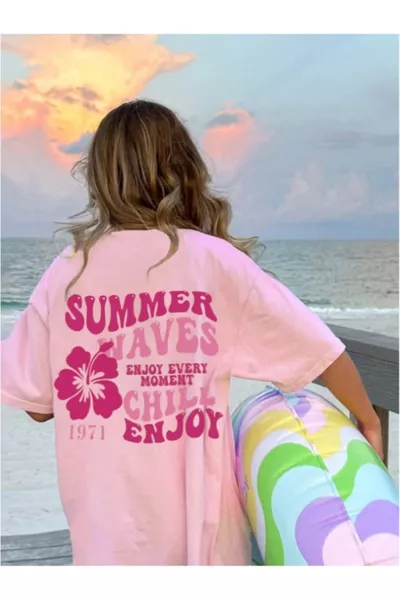 قميص نسائي أزرق صيفي بطباعة على الظهر مقاس كبير