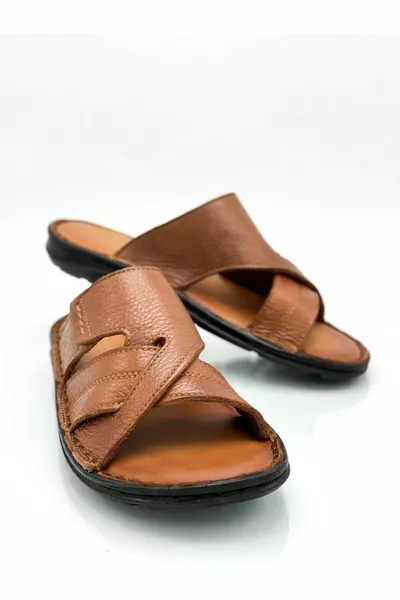 نعال جلد طبيعي رجالي خفيف للجنسين باللون البني