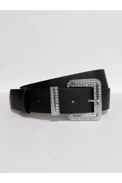 حزام نسائي أسود بحجر ومشبك فضي