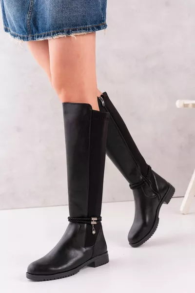 حذاء نسائي فوق الركبة من قماش الغوص الأسود مزين بالأحجار