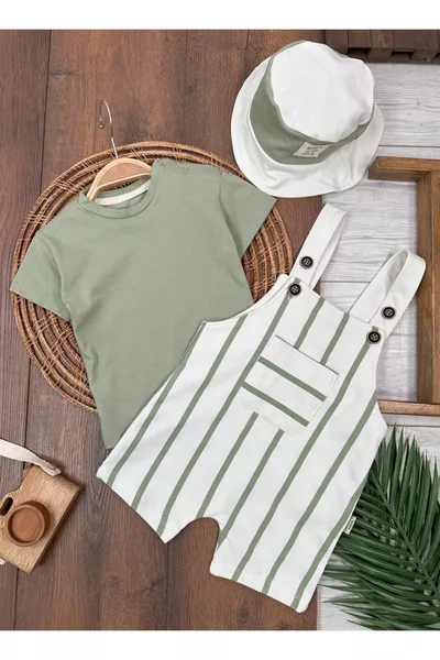 Летний комплект для мальчика с бодиком на кнопках и полосатой шапкой сафари