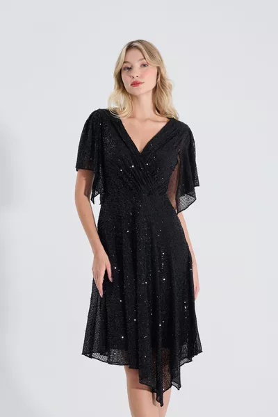 ملاك | مزدوج الصدر الياقة منديل الأكمام ميدي غير متماثلة واسعة تنورة الترتر مساء اللباس - أسود