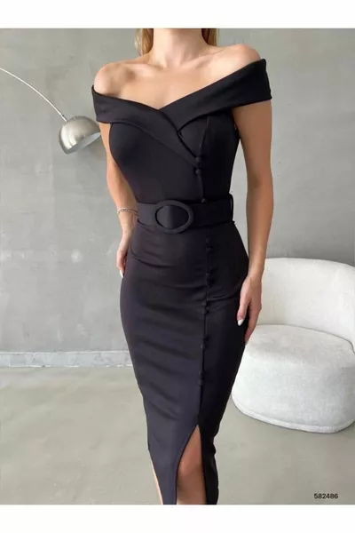 Carmen Neck Low-Sleeve Belt Slit Midi Length Evening Dress