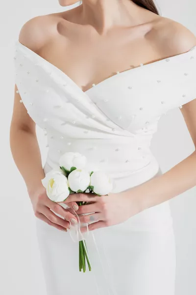 Robe de soirée midi blanche à double boutonnage et perle pour femme