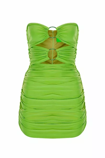 Mini evening dress with two rings on the green chest with drawstring strapless drape
