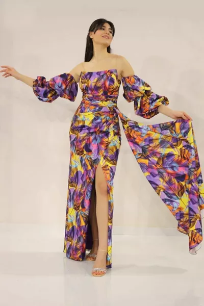 Преносим ръкав без презрамки яка цепка дълго импрегнирани креп сатен вечерна рокля -дипломиране рокля