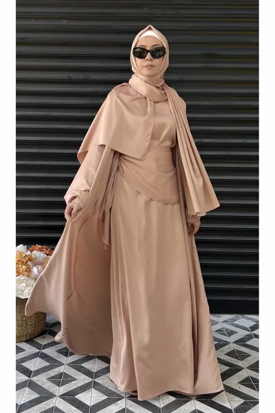 Set quadruplo: Abaya, Basic Zero Sleeve Dress, Foulard (scialle), Accessorio (cintura a triangolo); Seta Medina