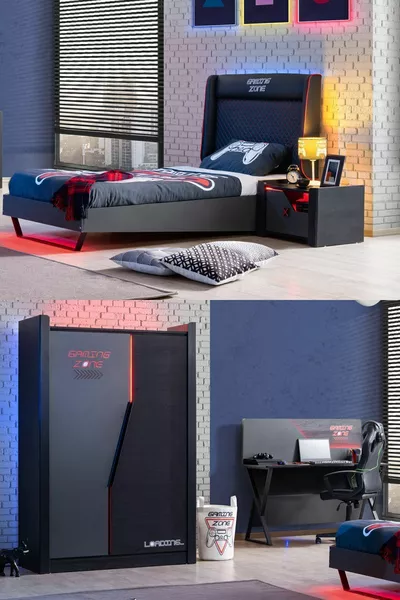 Gamer LED Youth Room - 2-Door Wardrobe, Bed, Nightstand, Desk
