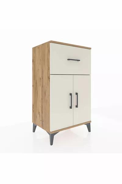 Hyperion Nachtkastje met één plank, één lade en twee deuren van dennen- en zandsteen