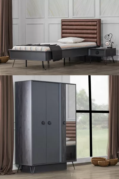 غرفة نوم جيل جديد باللون الأسود - خزانة ببابين، سرير، طاولة جانبية