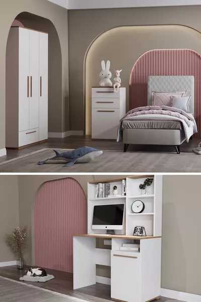 Set per cameretta: Letto con testiera e contenitore, armadio, scrivania e comò - Bianco