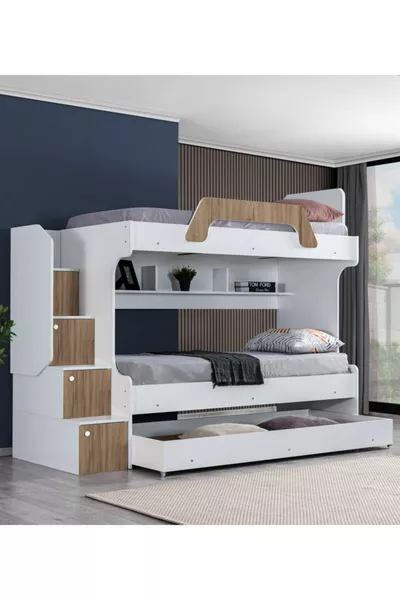 Bunk Bed, Inci Yavrulu Bunk Bed Walnut with 3 Comfort Mattresses