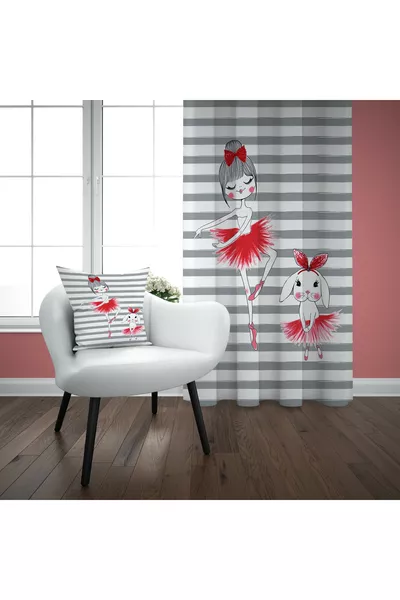 طقم غرفة نوم فتاة باليرينا بشريط رمادي (ستائر خلفية - غطاء سرير ووسادة - سجادة)