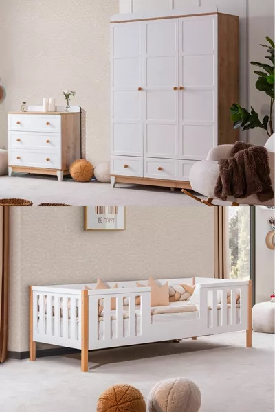 Camera per bambini Berlin Quercia, Comò con 3 ante in noce Berlin, Letto Berlin