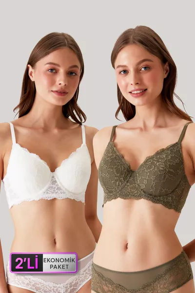 2-Piece Economic Package Ecru-b.olive -2 Barcelona Shaping Lace Bra Set with D Cup Option