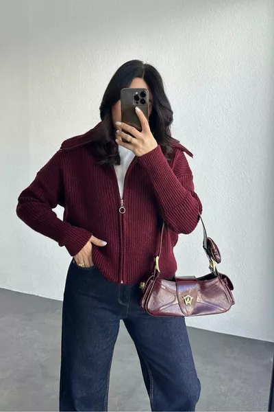 Burgundy Dropped Shoulder Zip-Up Knit Cardigan