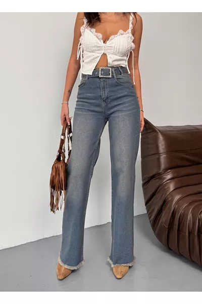 جينز بالازو نسائي خصر عالي تأثير باهت عتيق بحزام، كشكش عند الخصر وكشكش عند الأطراف