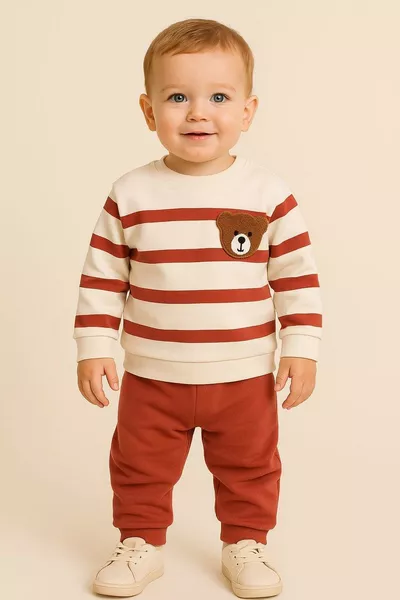 Çizgili Punch Ayıcık Omuzdan Çıtçıtlı Bebek Takımı 2li Alt Üst Mevsimlik Aylık ay