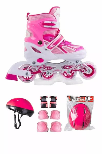 Set di Casco e Ginocchiere da Allenamento Rosa a Doppia Fila Regolabile