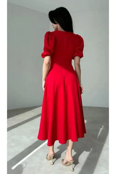 فستان متوسط الطول بأكمام بنقشة البطيخ الأحمر