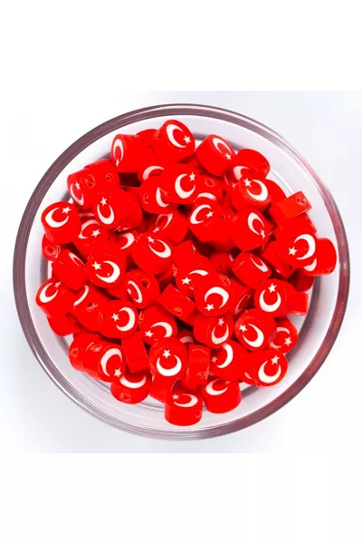  Stuks - Polymeer Fimo Kralen, Ronde Polymeerklei Kralen met het ontwerp van de Turkse vlag. 1e Kwaliteit