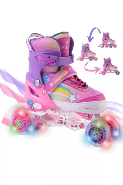 Pattini per bambina con ruote in silicone regolabili con luci a arcobaleno a stella con borsa, rosa lilla