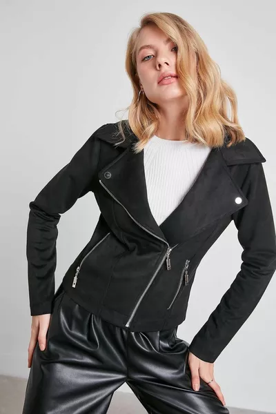 Butterfly kraag faux suède biker jas