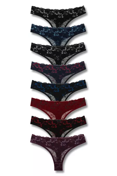 8-Pack Women's Cotton Thong Panties with Lace Front and Double-Layer Back