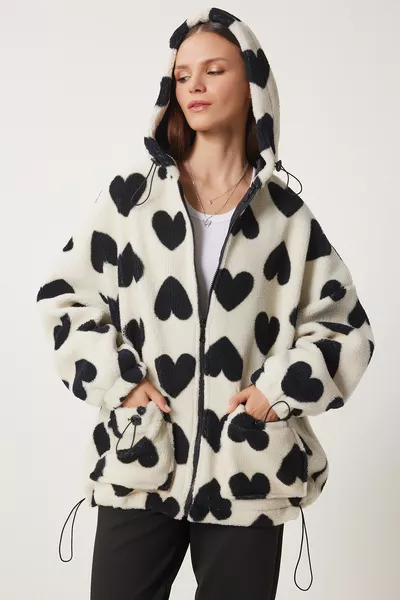 Hooded Heart Plush Coat ECRU BLACK 