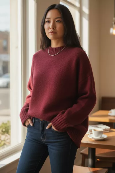 كنزة نسائية بورجوندي فضفاضة - رقبة دائرية وملمس ناعم