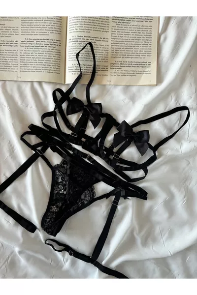 Set di 3 pezzi nero con giarrettiera e fiocco, lingerie sexy con reggiseno