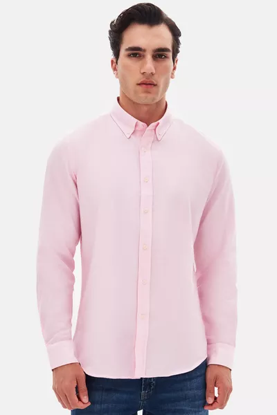 قميص قطني وردي بطية أزرار وياقة على شكل عامودي من Ds Damat نحيف القَصّة