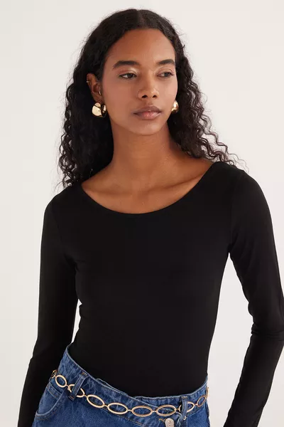 بلوزة سوداء نسائية بخصر ضيق، أكمام طويلة، قَصّة نحيفة من الفيسكوز