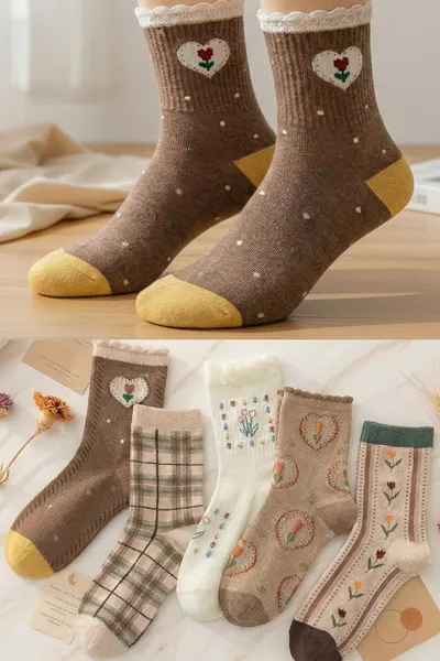 5 أزواج جوارب نسائية بنقشة الزهور والقلوب