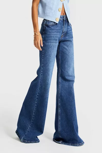 جينز نسائي باللون الأزرق الغامق -5، قَصّة واسعة، قماش مريح، طول داخلي  سم