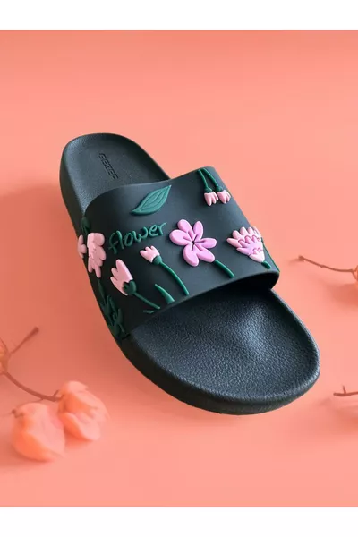 صندل حديقة زهري أسود - صندل بنقشة زهور للشاطئ