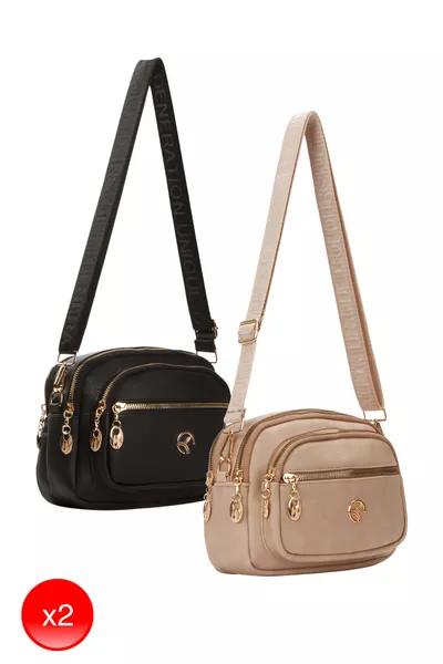حقيبة كتف نسائية يومية باللونين الأسود والبيج مع حزام متقاطع، عدد 2