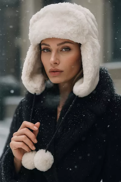 قبعة نسائية مصنوعة من الفرو الصناعي البيج مع أذنيين بفُرَش صغيرة موديل 