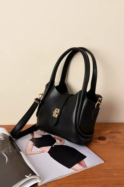 Elegant Faux Leather Women's Hand and Shoulder Bag with Double Straps, Metal Buckle, and Makeup Bag