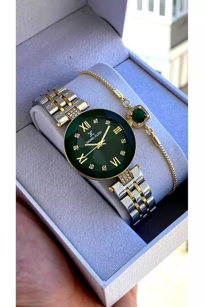 % Orijinal Altın Gümüş Kordon Yeşil Kadran Kadın Kol Saati Bileklik Hediyeli