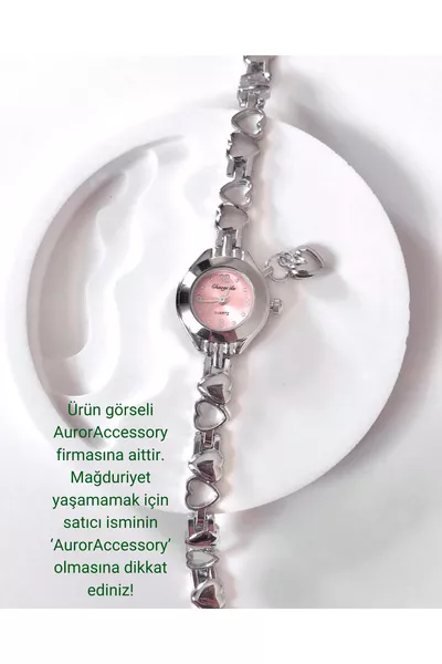 MİNİMAL MODEL Pembe Kalp Charmlı Pinterest Kadın Kol Saati